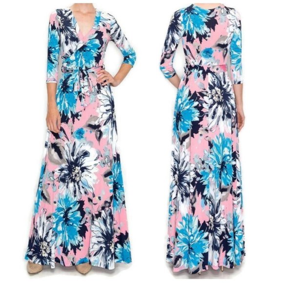 Janette Fashion Pink and Blue Blossom Floral Faux Wrap Maxi Dress - Picture 1 of 4